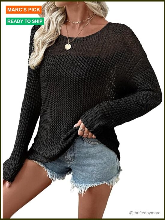 Sweaters - Womens Crochet Hollow Out Sweater Crewneck Long Sleeve Lightweight Beach Cover